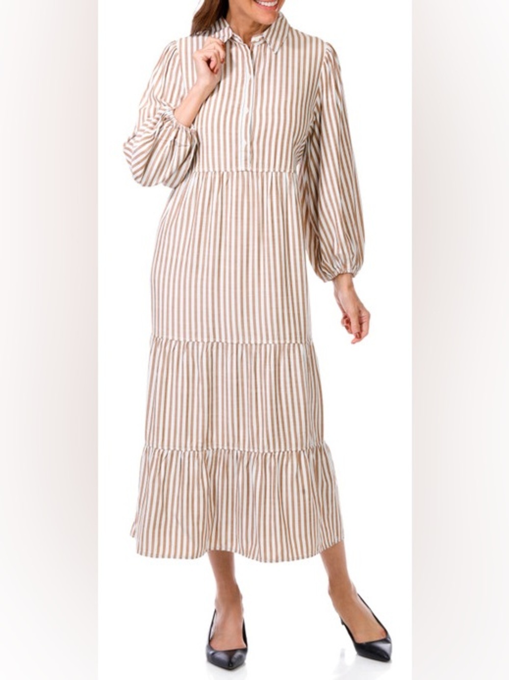 Max Studio • NWT $168 USD Tan and White Striped Tiered Maxi Dress PTP 20”